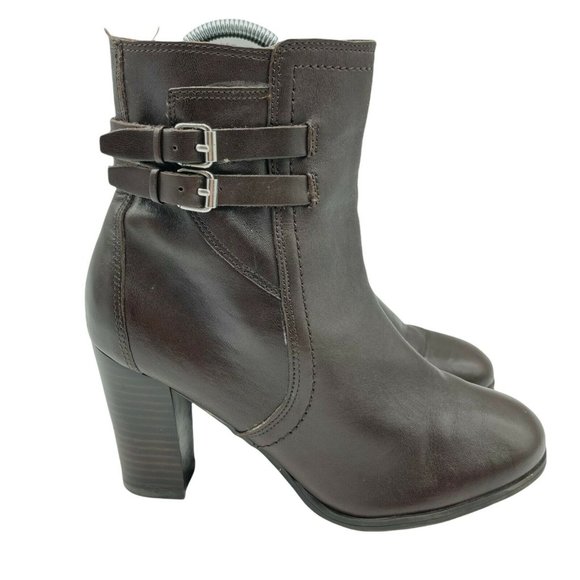 Marc Fisher Leather Ankle Bootie Shoe Brown 6.5 Block Heel Women Buckle Boot - Picture 6 of 8